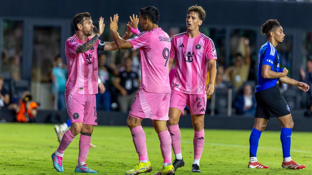 Inter Miami forward Luis Suárez (9) celebrates with teammates Lionel Messi (10) and Tadeo Allende (21) after scoring during the second half of their MLS match against CF Montréal at Chase Stadium on Wednesday, May 28, 2025, in Fort Lauderdale, Fla.