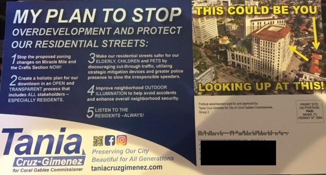Coral Gables City Commission candidate Tania Cruz-Gimenez sent mailers to voters advertising her “plan to stop overdevelopment” in the city. An update to the city’s zoning code has garnered the attention of many voters.