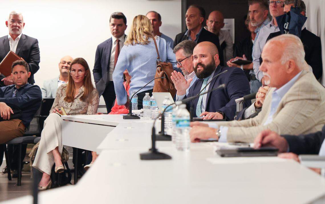 Members of the Special Master hold their hearing regarding the  public support and opposition to Century's proposed development at 110 Phoenetia Avenue on January 13, 2026, at the City of Coral Gables Development Services building, in Coral Gables, Florida. 