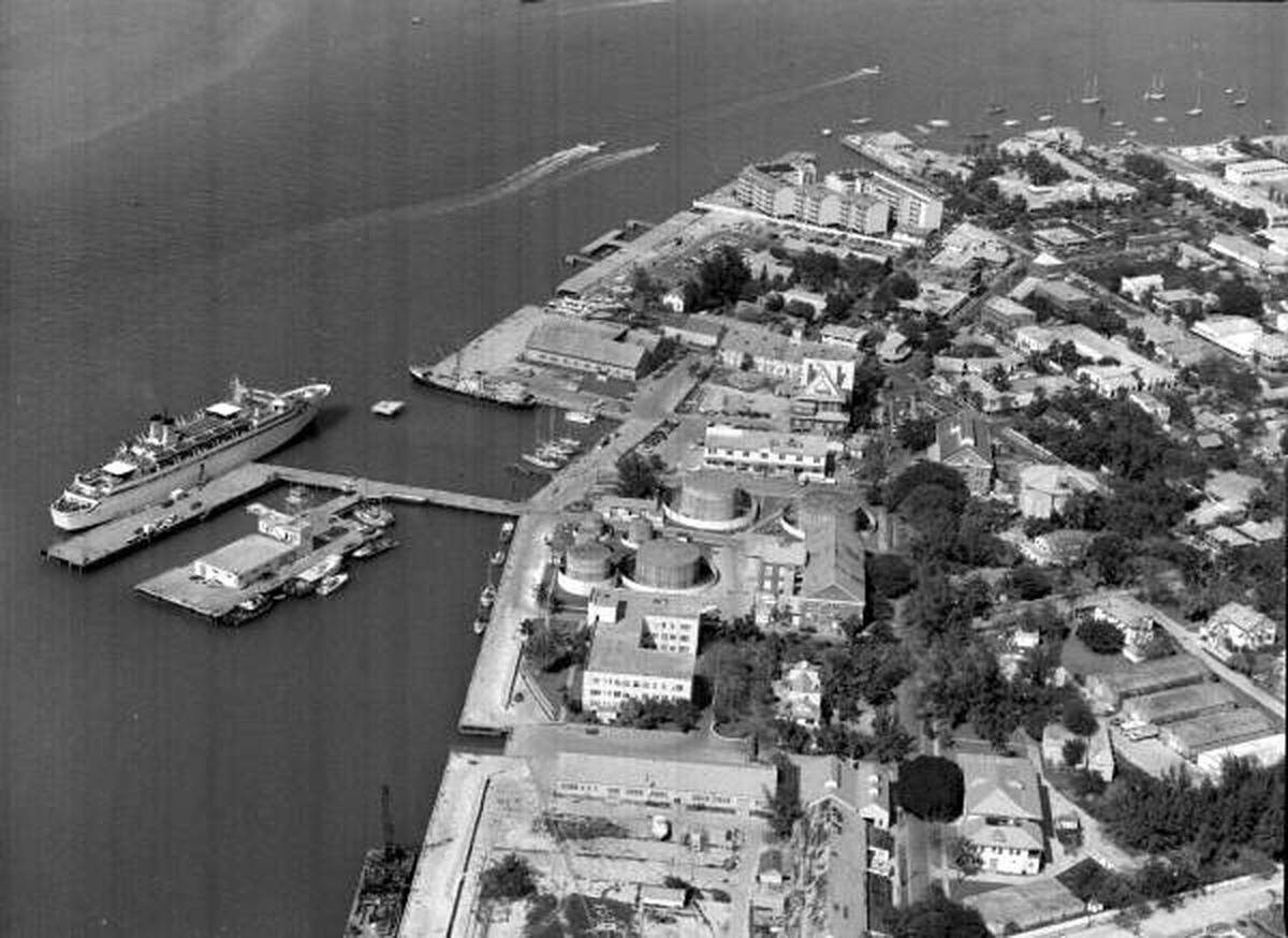 An aerial view shows the old Key West Naval Base circa 1980.