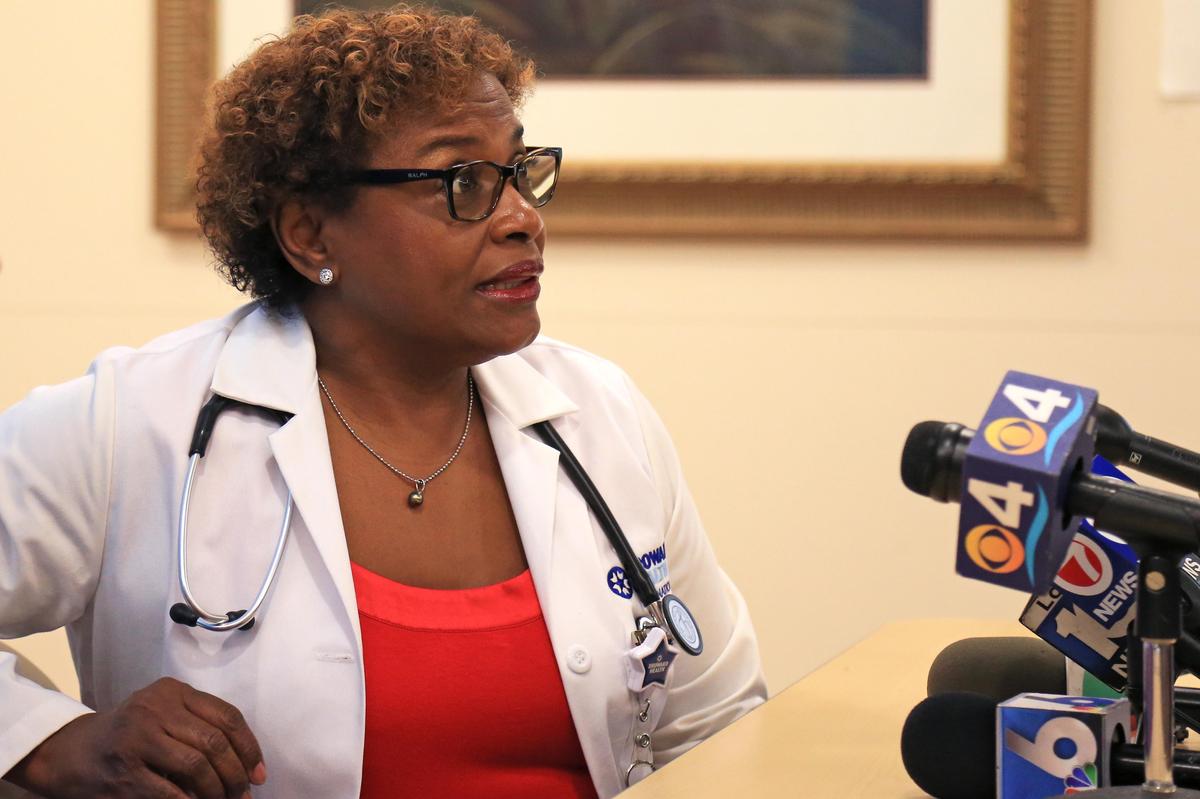 Dr. Maxine Hamilton, medical director of the Broward Health international program, talks about Clayton Chastain’s condition during a news conference at Broward Health Medical Center in Fort Lauderdale, Florida, on Friday, July 26, 2019.