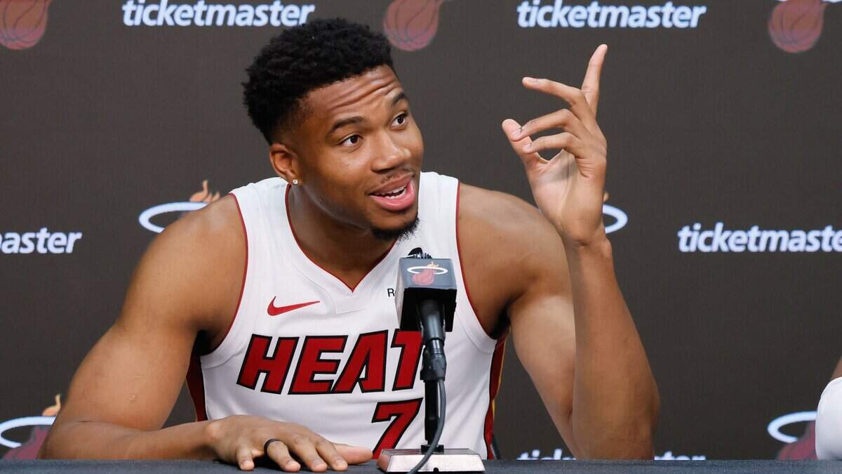 Miami Heat forward Giannis Antetokounmpo (7) speaks to reporters during Miami Heat media day at Kaseya Center in Miami on September 28, 2026.