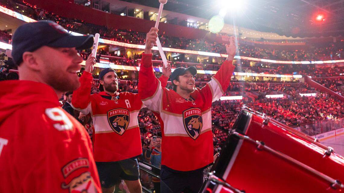 Florida Panthers defenseman Brandon Montour (62) hits the drums before the start of his team’s NHL game against the Toronto Maple Leafs at the Amerant Bank Arena on Thursday, Oct. 19, 2023, in Sunrise, Fla.