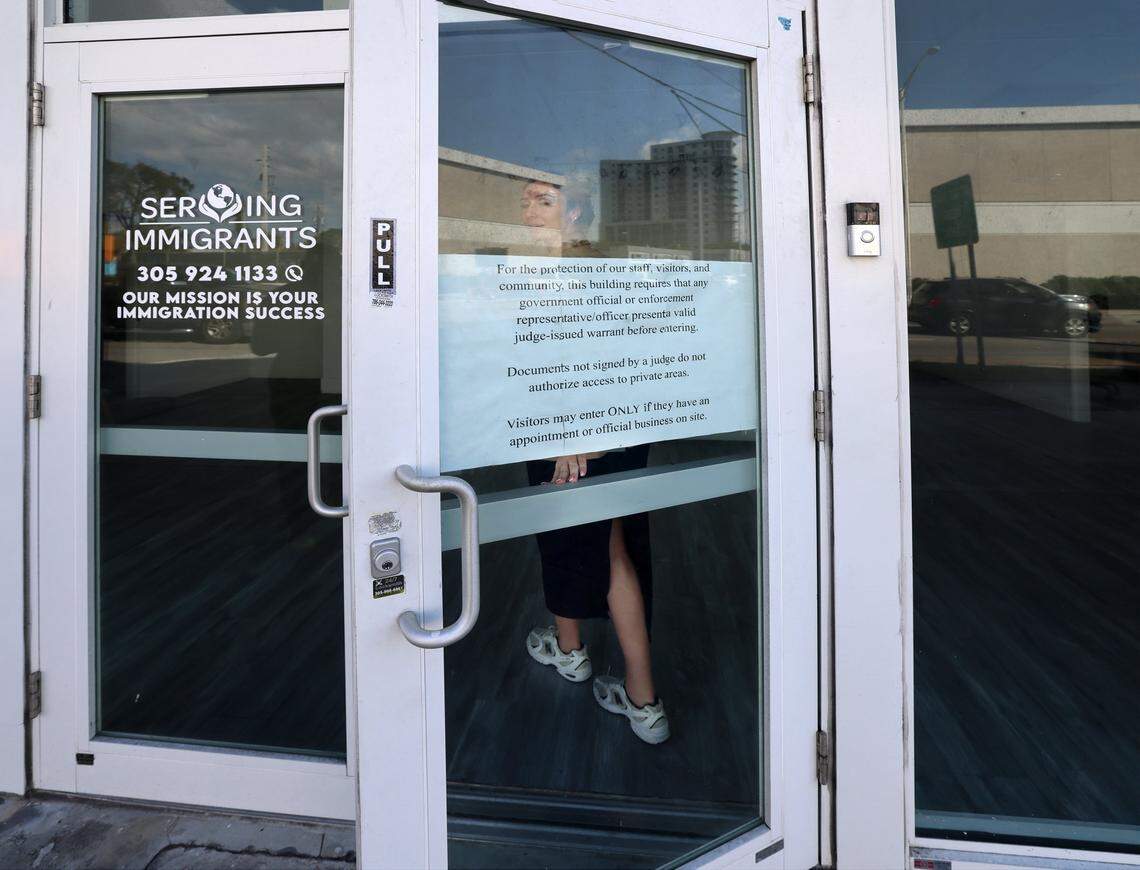 A sign is posted on the front door of Rogelio's immigration lawyer office denying entry by ICE and CBP agents without a judicial warrant. Rogelio, 39, a Guatemalan citizen who has lived in the United States since 2007 and is married to a U.S. citizen, was released by ICE on Wednesday, February 18, 2026, and arrived at his lawyer's office in Miami, Florida.