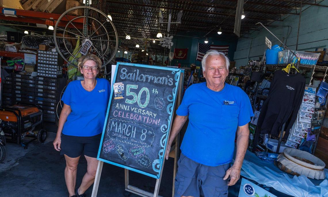Chuck Fitzgerald and his daughter Heather Valdez posed by the entrance of their Sailorman warehouse dubbed as “The World’s Largest and Most Unique New and Used Marine Emporium” celebrating the 50th Anniversary this month, in Fort Lauderdale, on Tuesday March 11, 2024.