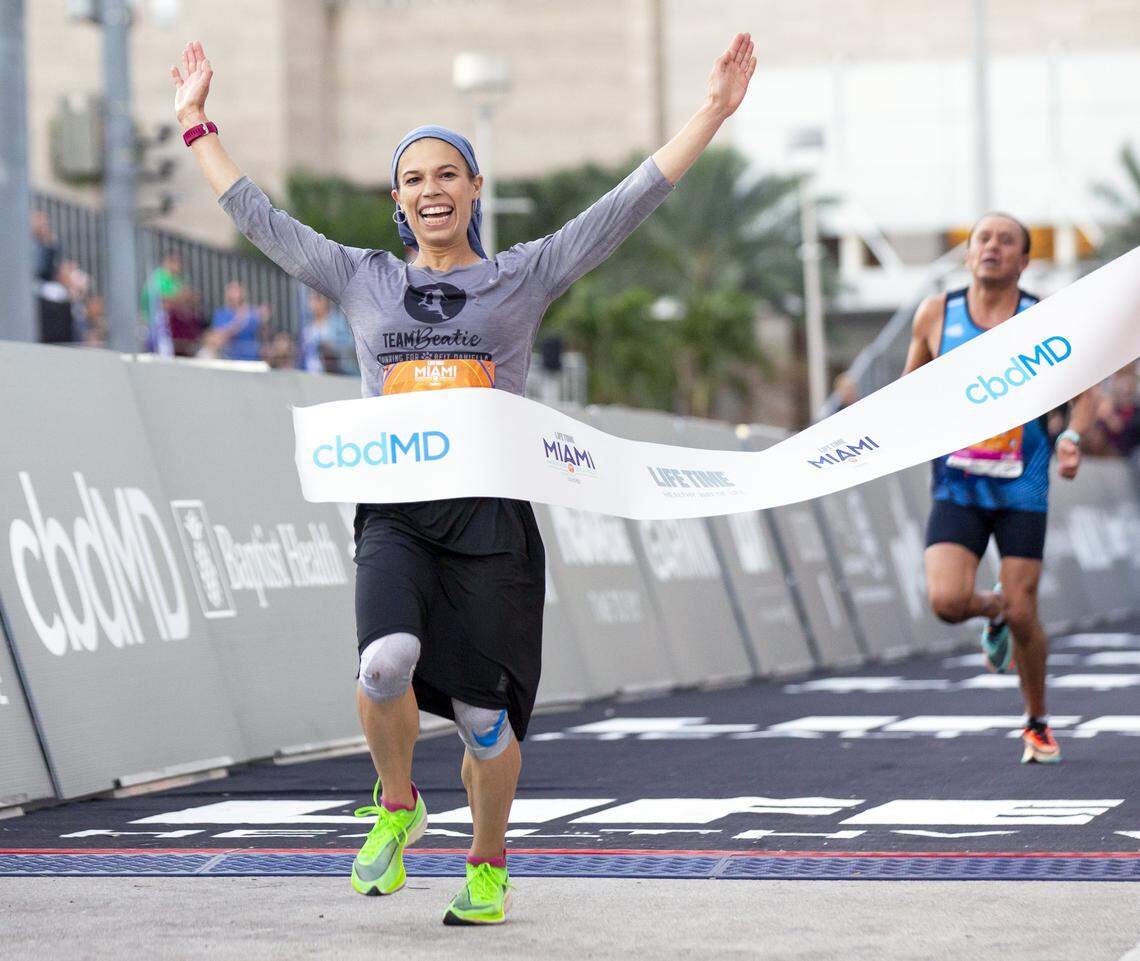 Life Time Miami Half Marathon women’s winner Beatie Deutsch, 30, of Israel, crosses the finish line at 1:16:49 during the 18th annual Life Time Miami Marathon and Half Marathon in Miami, Florida on Sunday, February 9, 2020.
