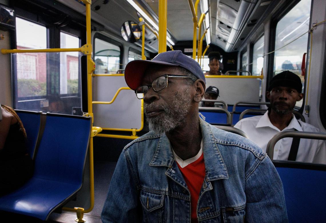 Wendell Morrison rides on an electric bus on Tuesday, Feb. 11, 2025, heading north on the 77 route in Miami. “These are quieter than the other buses [because it lacks an engine], but the only big difference to me,” said Morrison.