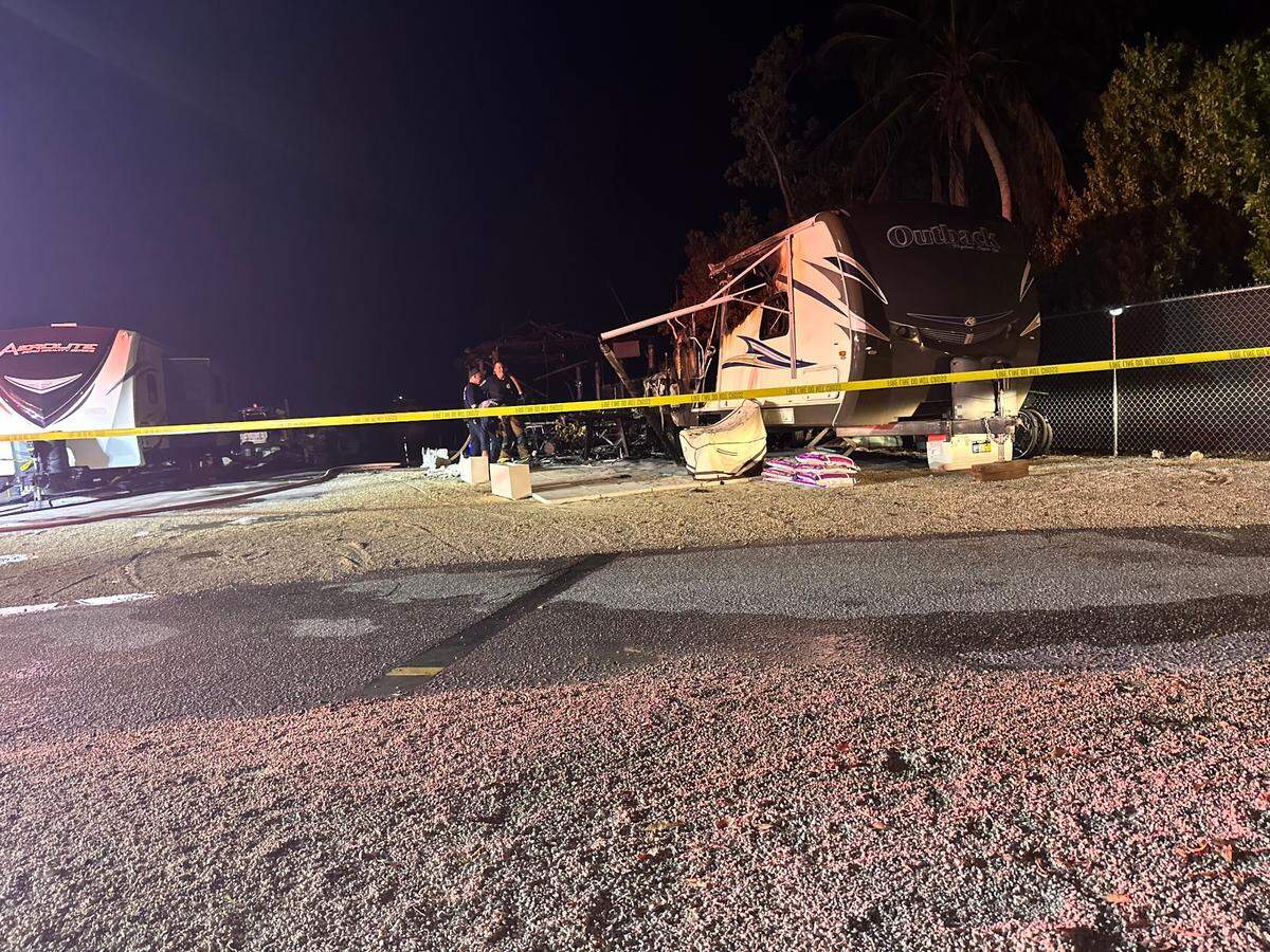A trailer destroyed by fire is parked in a Key Largo neighborhood Tuesday, July 18, 2023.