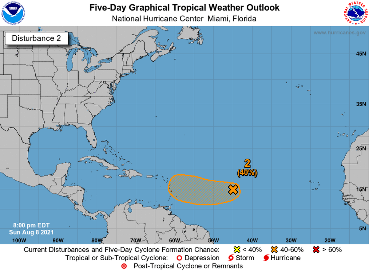 Disturbance 2 was located midway between the Cabo Verde Islands and the Lesser Antilles as of the National Hurricane Center’s 8 p.m. advisory.