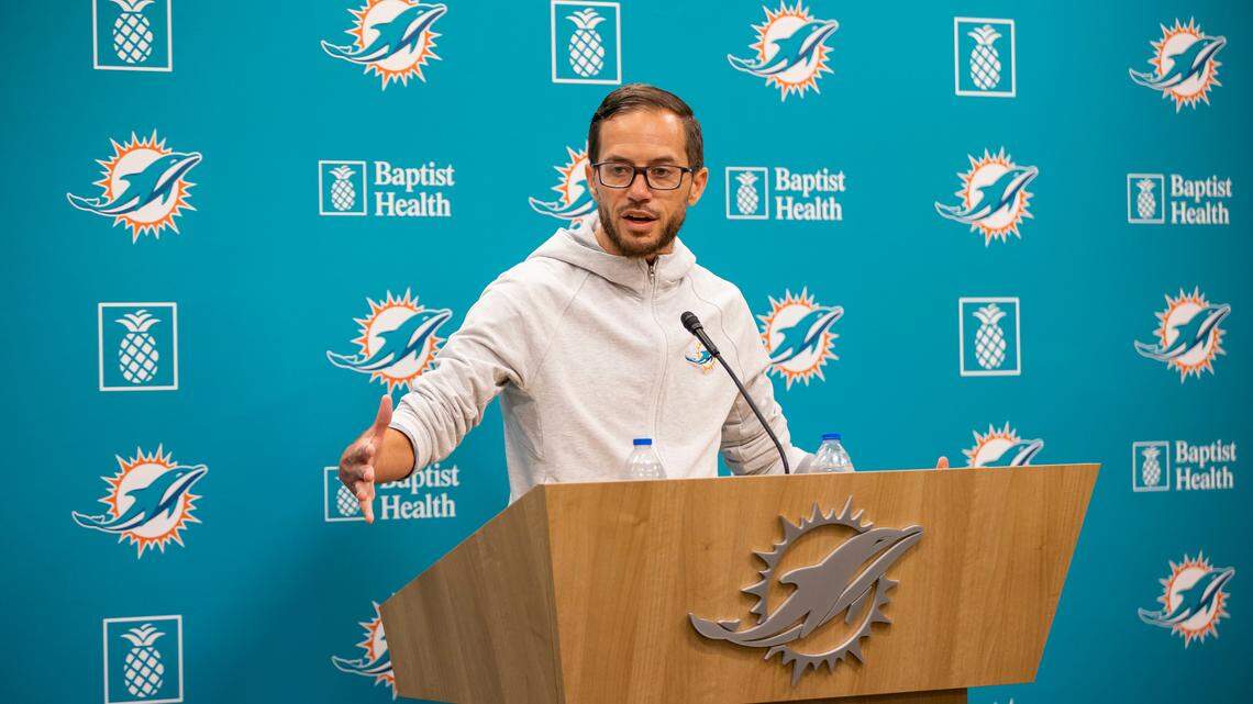 Miami Dolphins head coach Mike McDaniel speaks with reporters before the start of team practice at the Baptist Health Training Complex on Tuesday, May 23, 2023, in Miami Gardens, Fla.