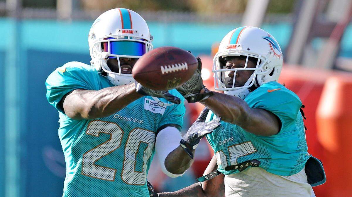 Miami Dolphins safety Reshad Jones (20) and Xavien Howard (25) at training camp at the Miami Dolphins training facility in Davie, Florida, August 12, 2018. 
