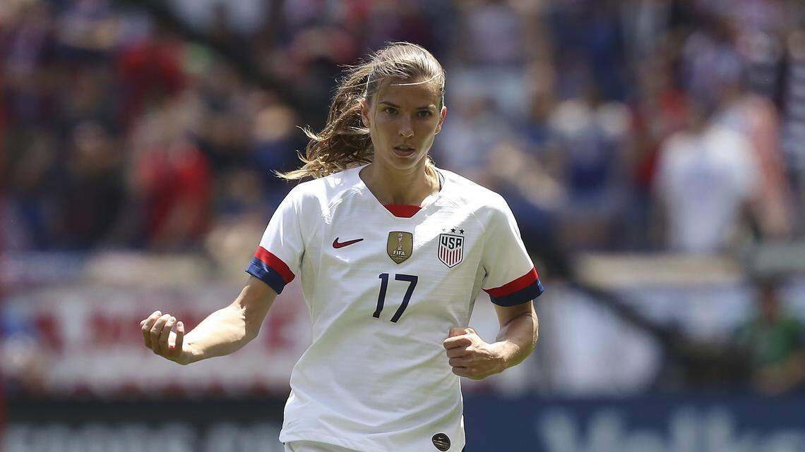 United States forward Tobin Heath passes the ball during the second half of an international friendly soccer match against Mexico, Sunday, May 26, 2019, in Harrison, N.J. The U.S. won 3-0.