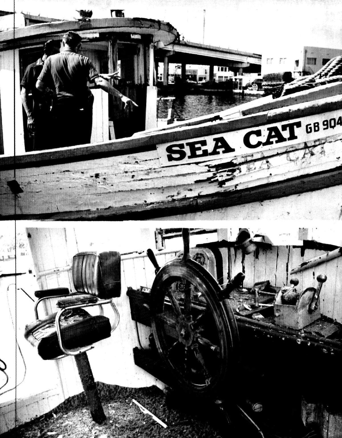 Miami investigators, top, discuss damage to a Bahamian-registered lobster boat tied up in the Miami River in 1976. Bottom photo shows damage inside wheel house.