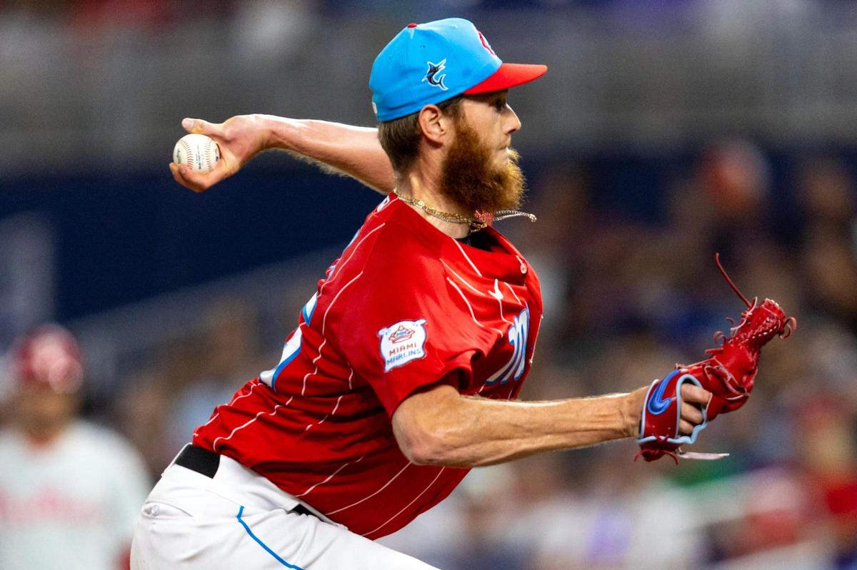 Miami Marlins pitcher A.J. Puk (35) throws a pitch during the ninth inning of an MLB game against the Philadelphia Phillies at loanDepot park in the Little Havana neighborhood of Miami, Florida, on Saturday, July 8, 2023.