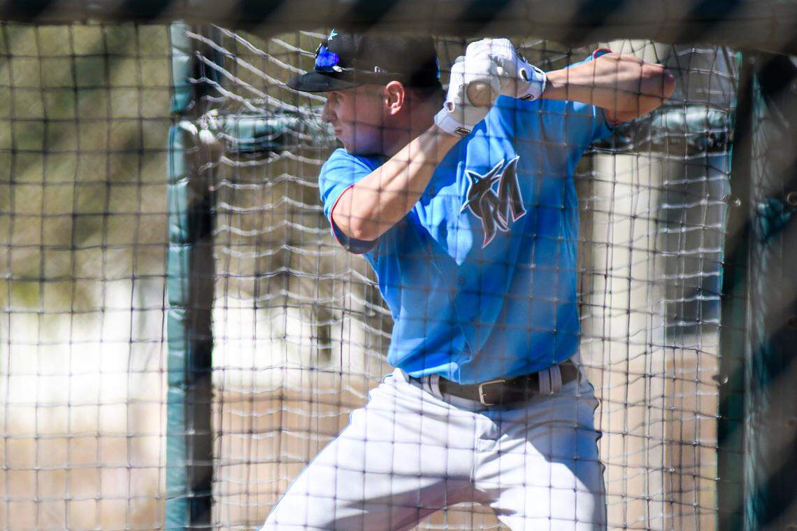 Miami Marlins outfielder JJ Bleday takes batting practice during a spring training workout on Thursday, Feb. 25, 2021, at the Roger Dean Chevrolet Stadium complex in Jupiter, Florida.
