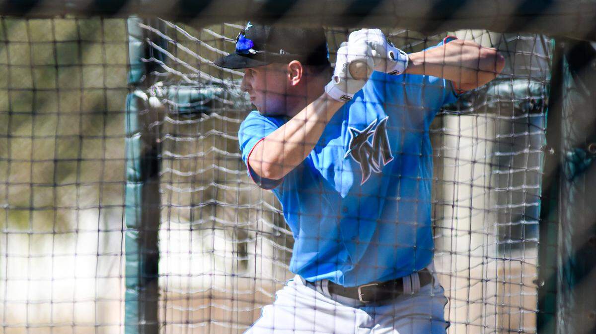 Miami Marlins outfielder JJ Bleday takes batting practice during a spring training workout on Thursday, Feb. 25, 2021, at the Roger Dean Chevrolet Stadium complex in Jupiter, Florida.