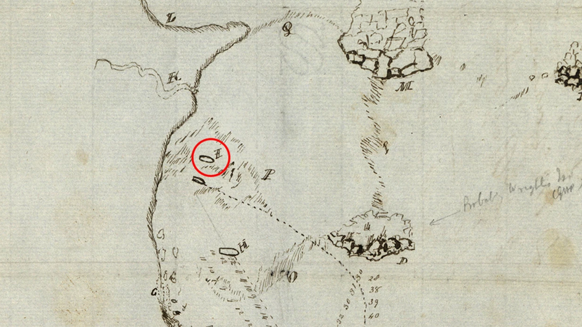 An 1838 sketch with the location of the South Australian’s wreck site circled