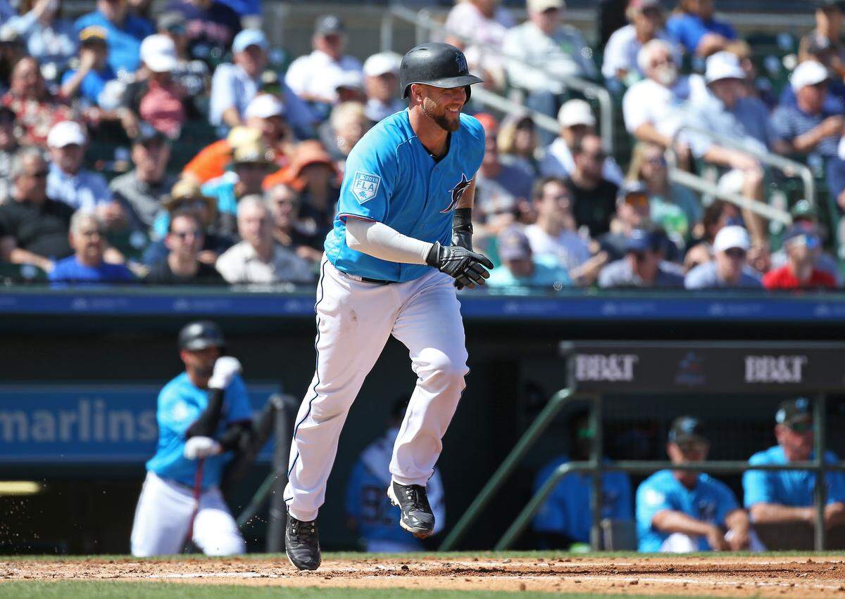 Miami Marlins catcher Bryan Holaday reacts after being walk by former teammate Houston Astros pitcher Justin Verlander during the second inning of a Major League Baseball spring training game at the Roger Dean Chevrolet Stadium on Thursday, March 7, 2019 in Jupiter, FL.