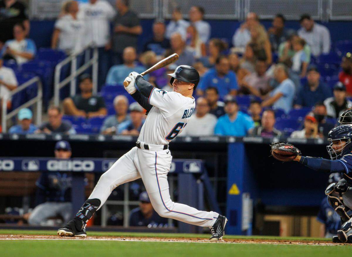 Miami Marlins left fielder JJ Bleday (67) bats during the second inning of a baseball game against the Tampa Bay Rays at LoanDepot Park on Wednesday, August 31, 2022 in Miami, Florida.