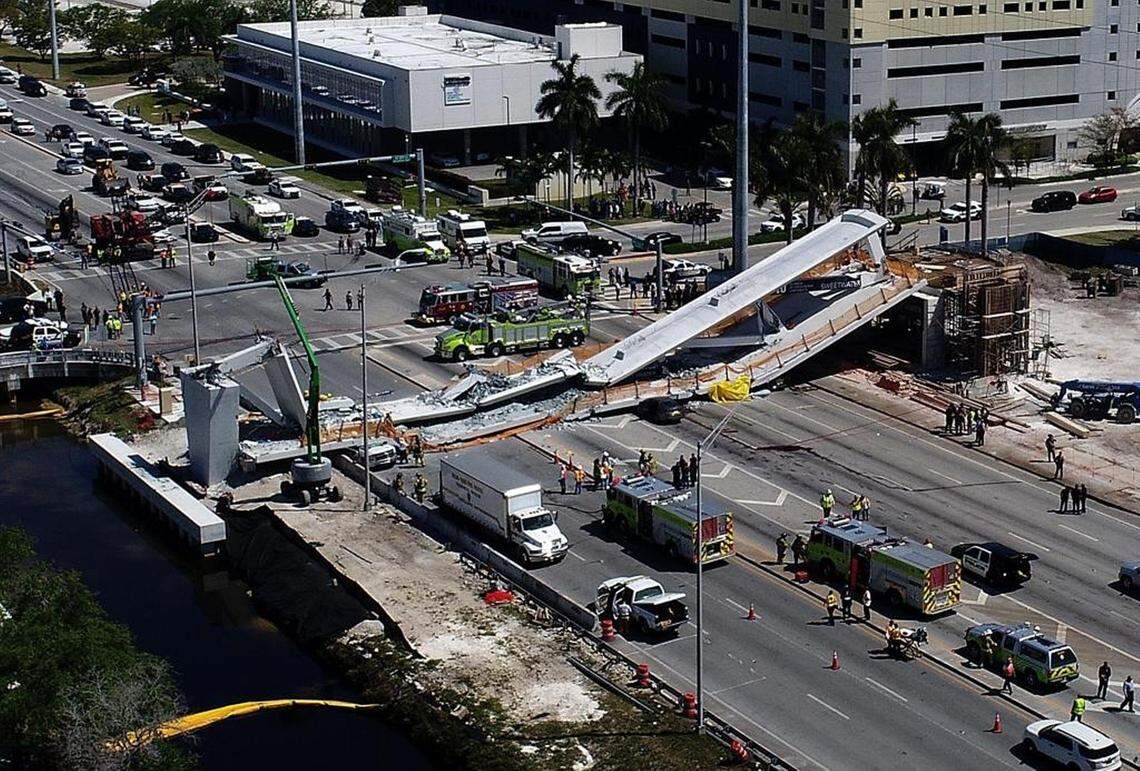 An aerial view of the collapsed FIU bridge that left six people dead on March 15, 2018.