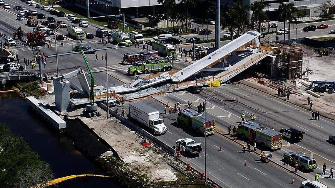 An aerial view of the collapsed FIU bridge that left six people dead on March 15, 2018. MCM, the contractor behind the project, is up for a contract renewal at MIami International Airport on July 23, 2019.