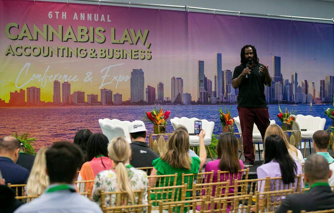Former Miami Dolphins running back Ricky Williams speaks during the 6th Annual Cannabis Lab Conference & Expo at the Hyatt Regency Miami on Friday, June 3, 2022 in downtown Miami, Fla.