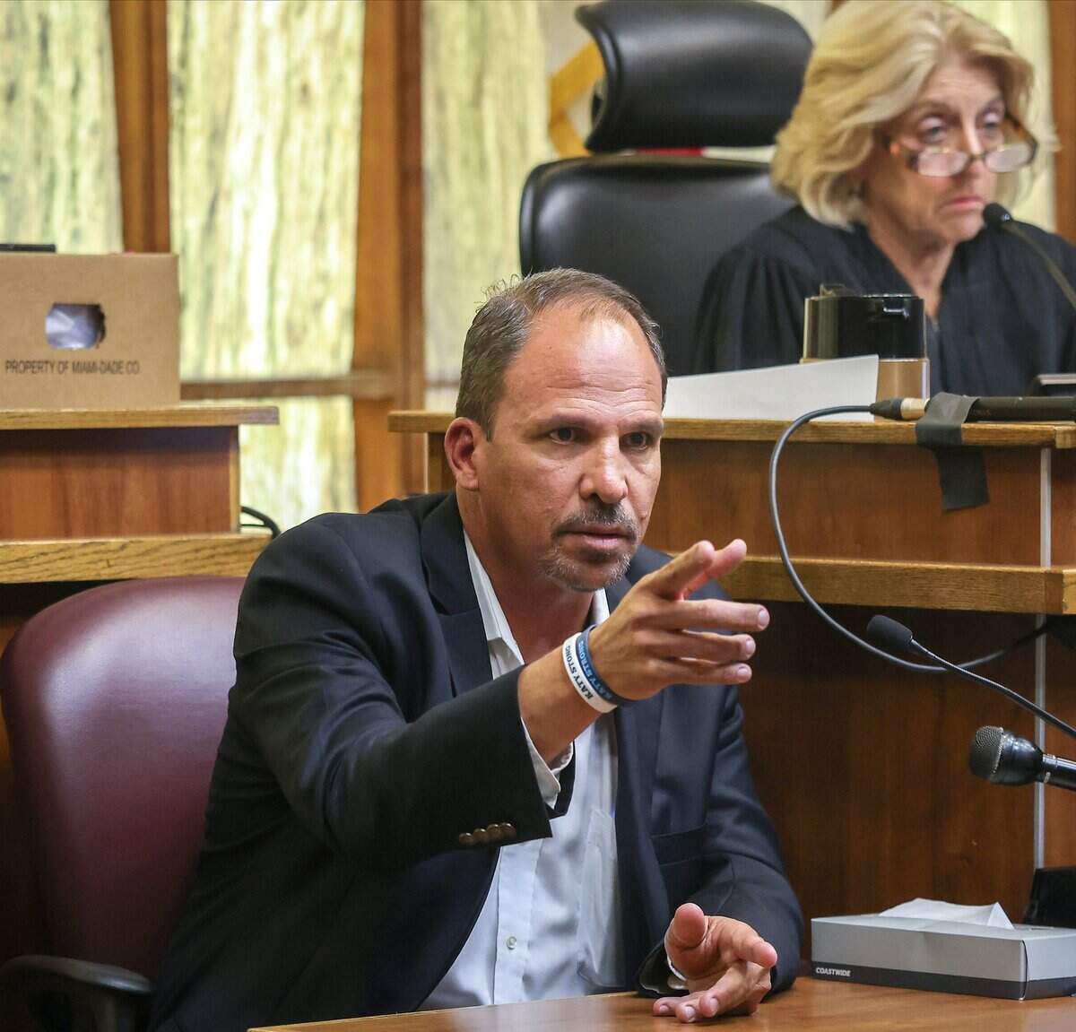 Rudy Puig points to George Pino while testifying during the Pino trial on Wednesday, June 17, 2026, in Miami. Puig, who took the stand as a witness, identified Pino before the court, as attorneys and jurors observed. Pino is charged in connection to the crash that killed 17-year-old Lucy Fernandez.