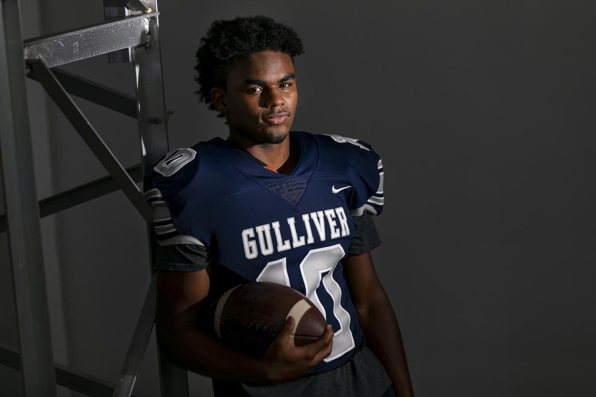 Gabriel Taylor, the younger brother of Sean Taylor, practices with his team at Gulliver Prep High School in Pinecrest, Florida on Wednesday, November 6, 2019.