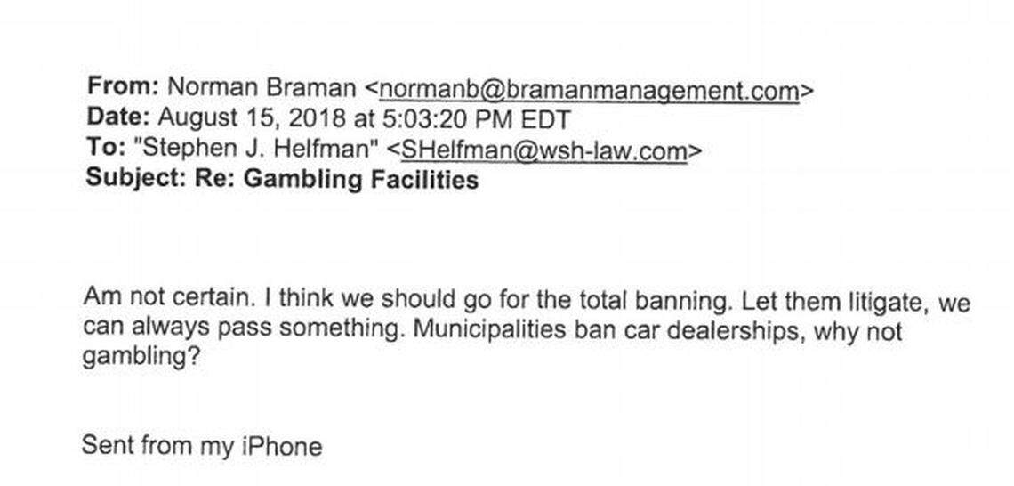 Email from Norman Braman to his attorney expressing his desire to push for a total ban on any more gambling facilities in the city of Miami.