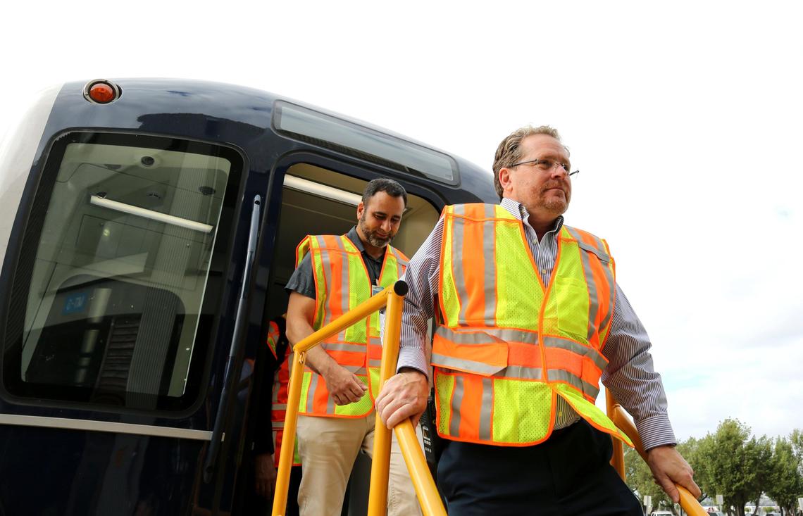 Scott Nicoll, general superintendent of rail maintenance for Miami-Dade County, exits a rail car stationed at the Lehman Rail Yard in Miami, Florida, on Monday, March 9, 2020.