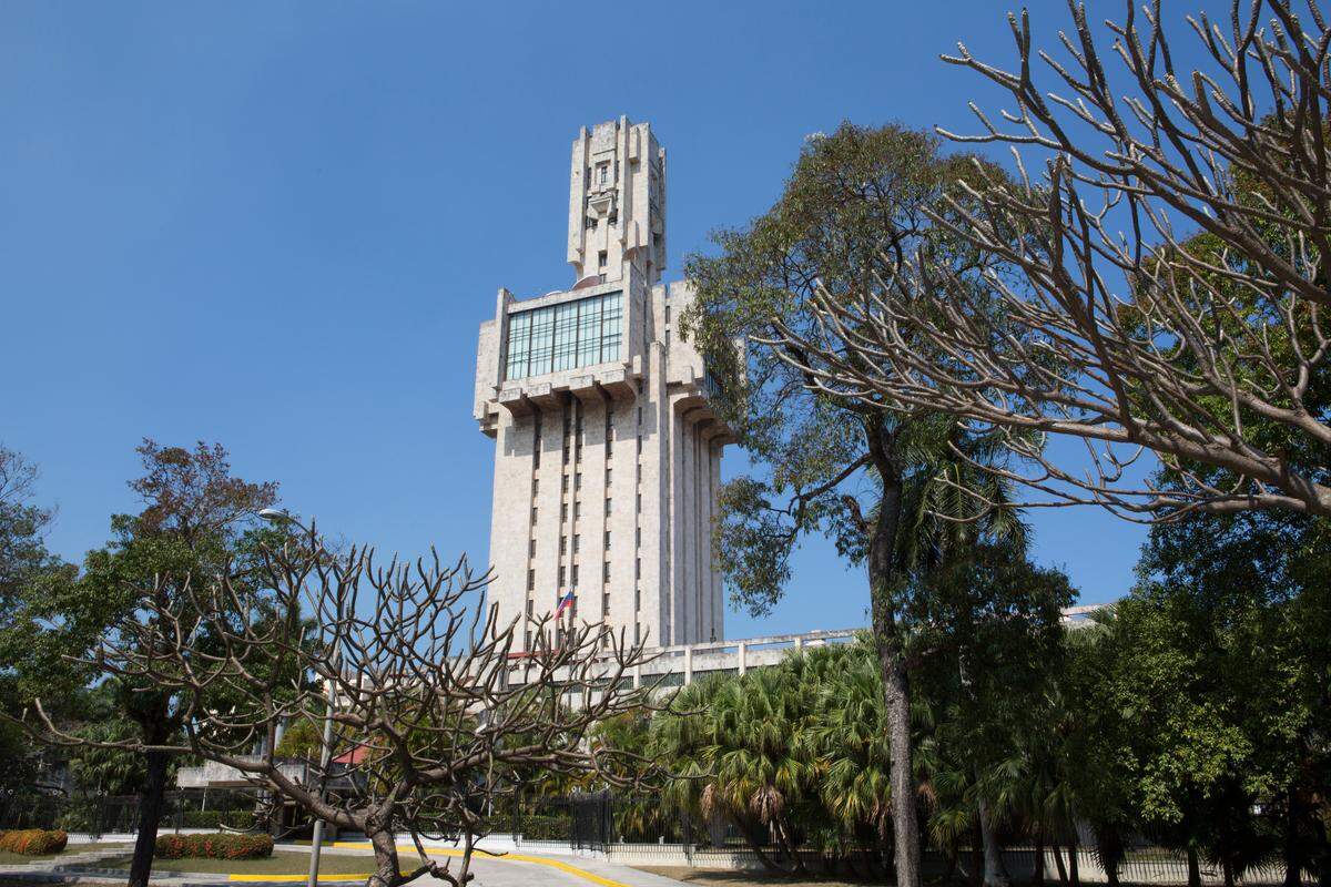 The Soviet-era Russian embassy in Havana is notorious for its forbidding appearance, surveillance equipment, and what looks like a watchtower on top.