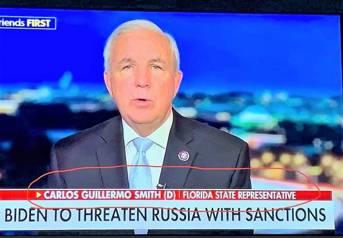 Screenshot of a misidentified clip from a Dec. 7 appearance by Congressman Carlos Gimenez on Fox News & Friend’s First show. The identification is that of Orlando-area state Rep. Carlos Guillermo Smith.