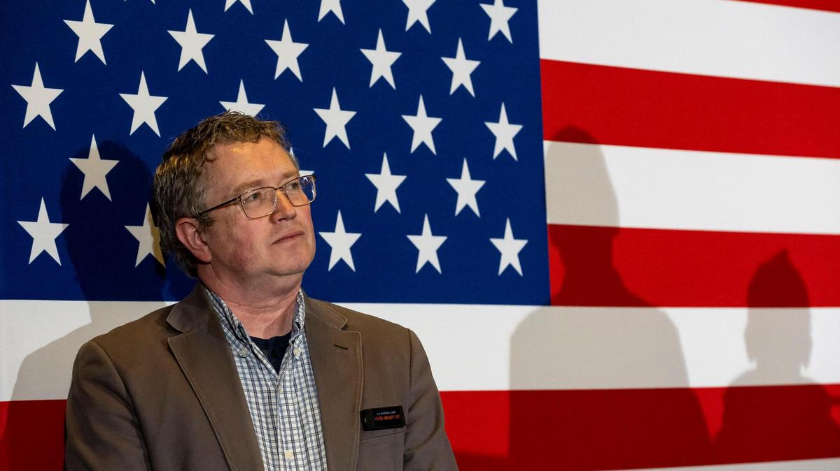 Thomas Massie, R-Ky., listens during a rally at The District Venue on Sunday, Jan. 14, 2023, in Ankeny, Iowa. DeSantis is hoping for a strong performance in the Iowa caucuses.