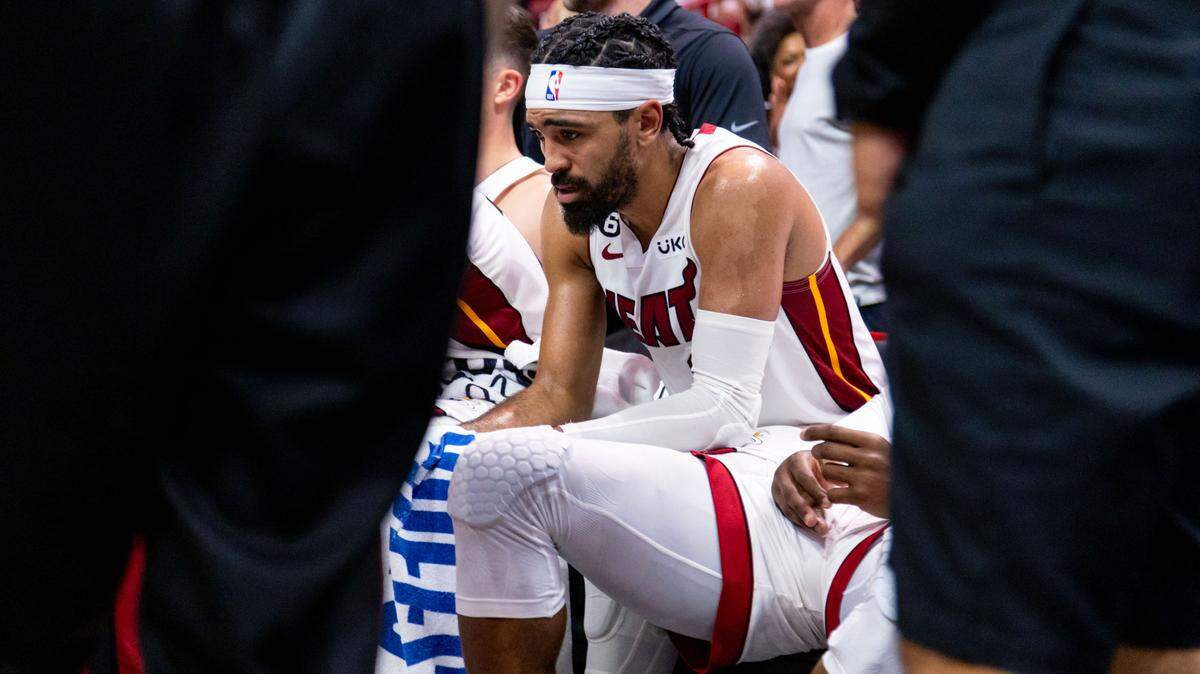 Miami Heat point guard Gabe Vincent (2) reacts on the bench during the second half of Game 3 of the NBA Eastern Conference finals series against the Boston Celtics at Kaseya Center in Miami, Florida, on May 21, 2023.