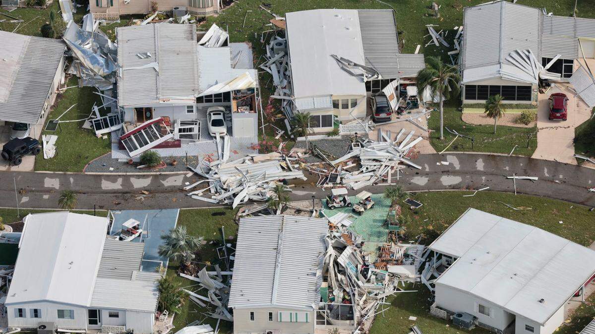 An aerial view of the damaged homes from Hurricane Ian seen in the vicinity of Fort Myers.