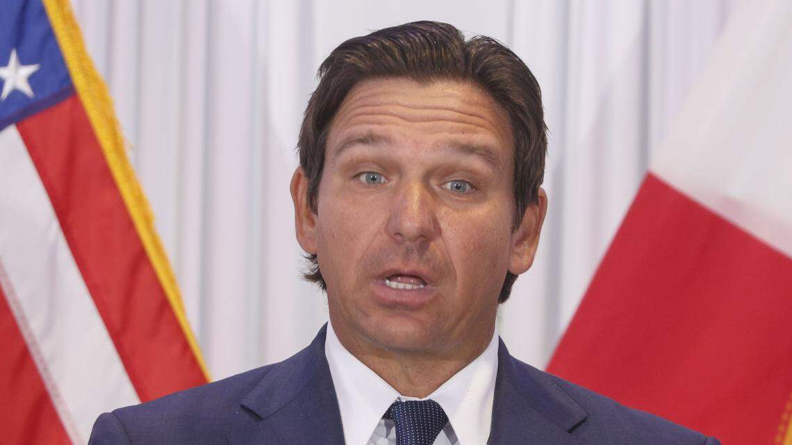 Florida Gov. Ron DeSantis speaks moments before appointing Tampa Sen. Jay Collins, a former Green Beret and decorated veteran, as the state's new lieutenant governor on Tuesday, Aug 12, 2025, at the Tampa Green Beret Association's Team House outside MacDill Air Force Base in Tampa.