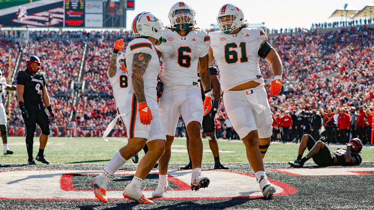 Miami Hurricanes running back Damien Martinez (6) celebrates with teammates after scoring against the Louisville Cardinals in the second half during an NCAA football game at L&N Federal Credit Union Stadium in Louisville, Kentucky on Saturday, October 19, 2024.