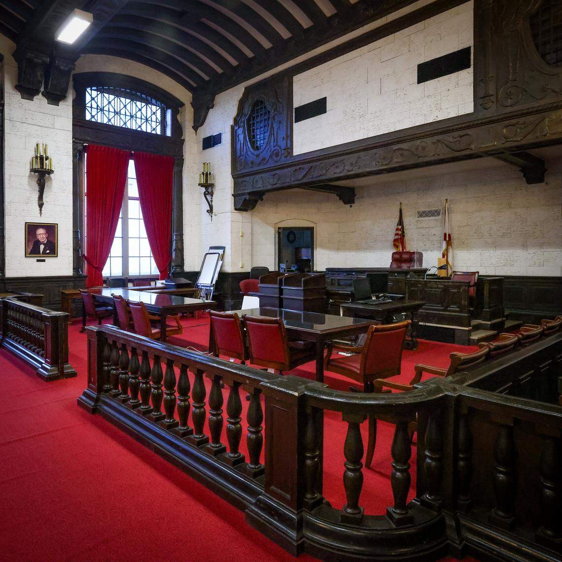 The interior of Courtroom 6-3 is part of the repair and restoration of the old courthouse in Miami, Florida, on Wednesday, January 14, 2026. The Dade County Courthouse is significant as an excellent example of Neo-Classical architecture. The detailing of the remaining historic interior spaces and features continue to reflect this distinctive style and contributes to a more complete understanding of the historic character of the Courthouse.