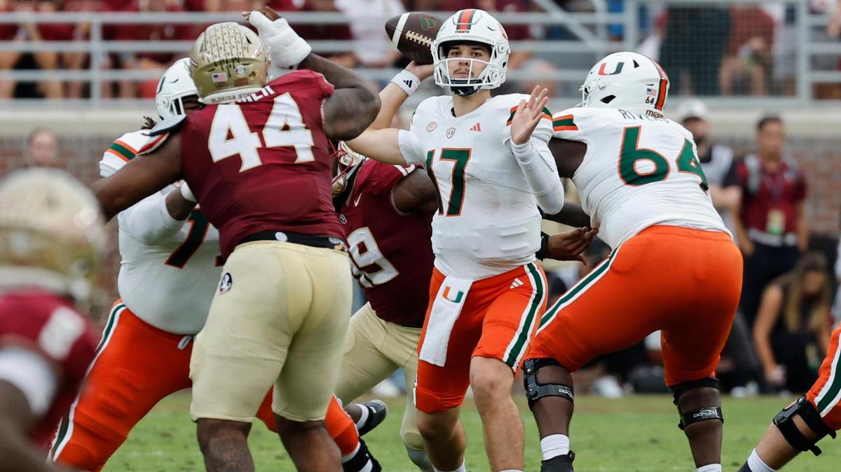 Miami Hurricanes quarterback Emory Williams (17) sets up to pass during the game against the Florida State Seminoles in the first half at Doak Campbell Stadium in Tallahassee on Saturday, November 11, 2023.