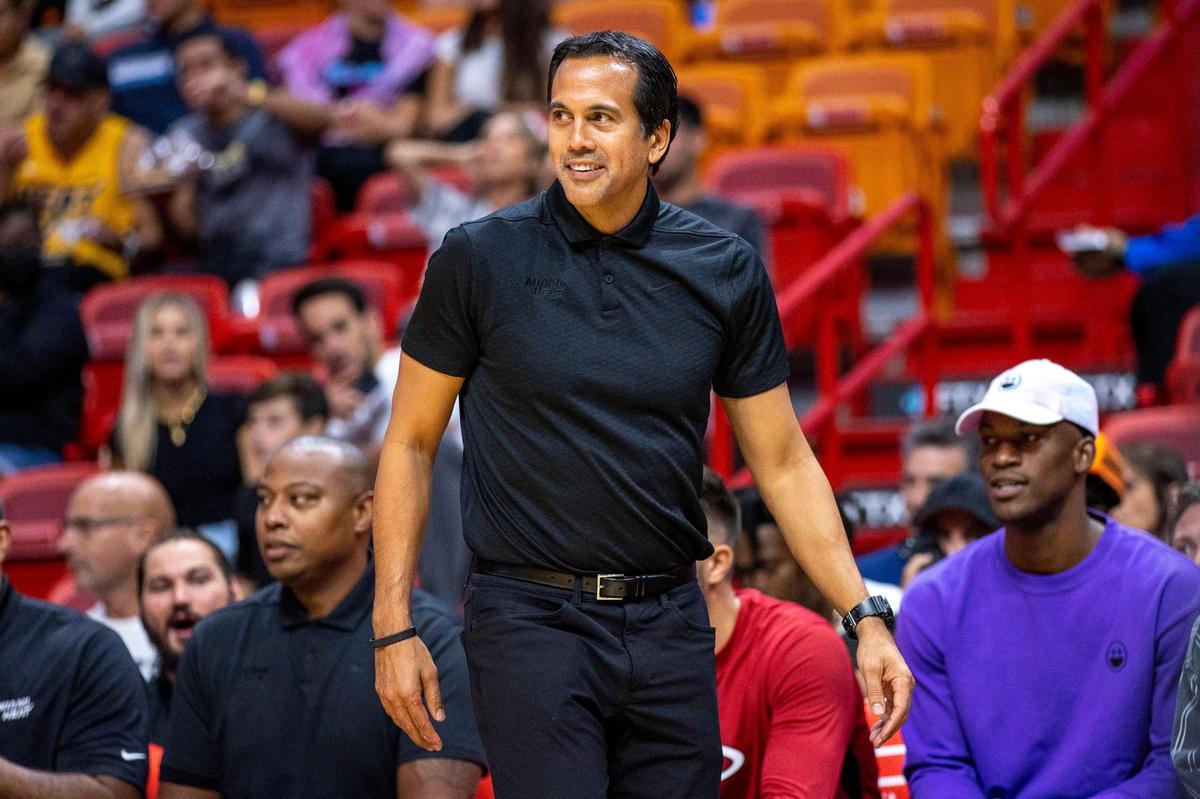 Miami Heat head coach Erik Spoelstra reacts from the sidelines during an NBA preseason basketball game at FTX Arena in Miami, Florida, on Tuesday, October 4, 2022.