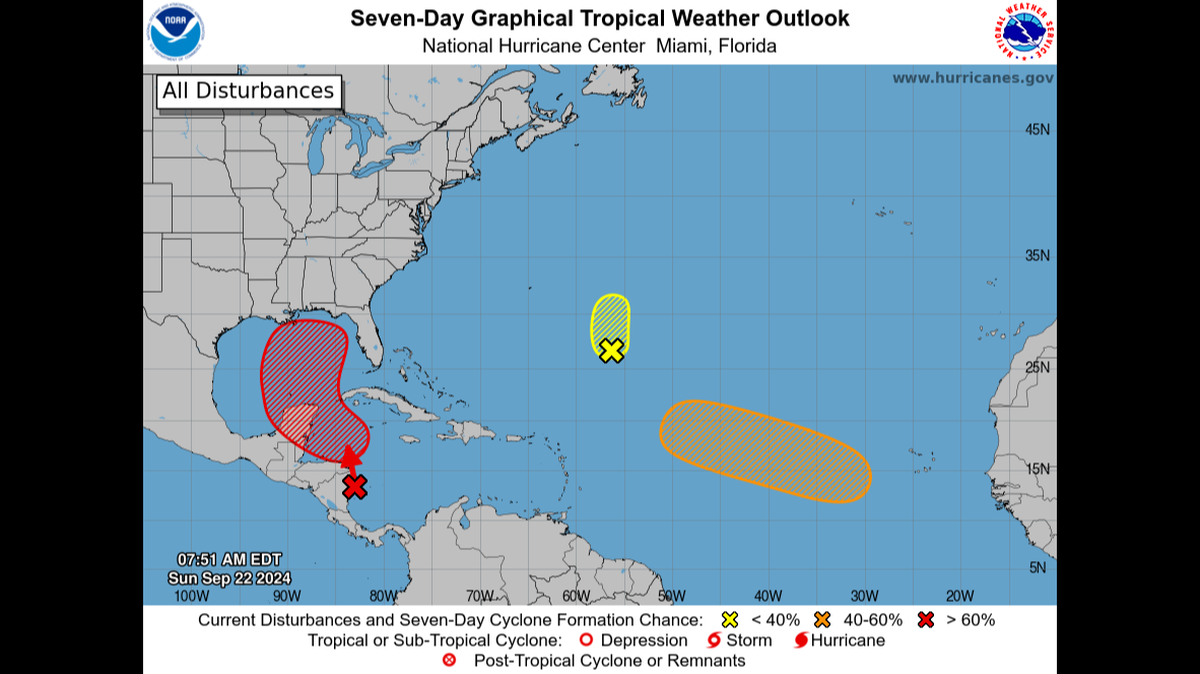The map of disturbances in the Atlantic Ocean and Caribbean Sea.