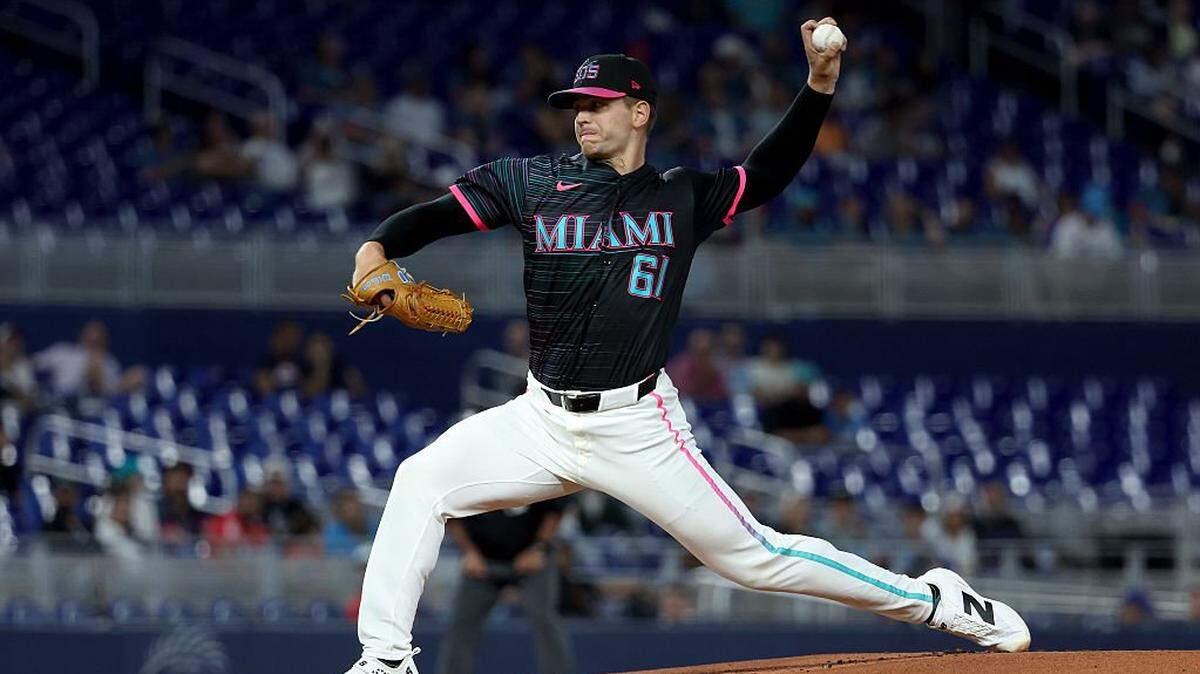 MIAMI, FLORIDA - MAY 8: Robby Snelling #61 of the Miami Marlins pitches in his Major League Baseball debut during the first inning against the Washington Nationals at loanDepot park on May 8, 2026 in Miami, Florida. (Photo by Leonardo Fernandez/Getty Images)