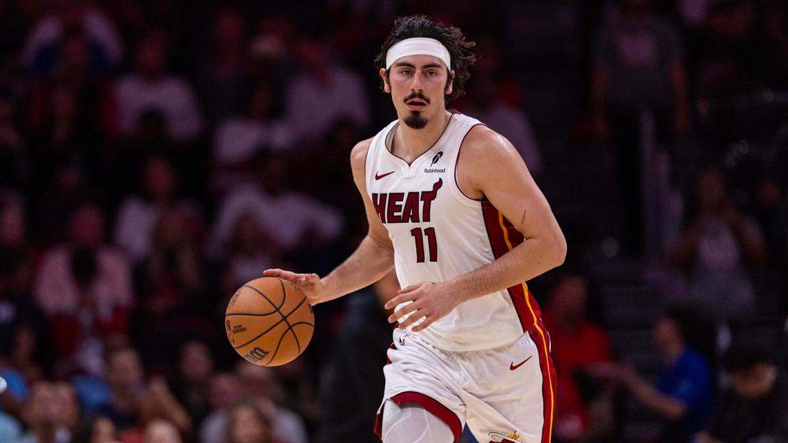 Miami Heat guard Jaime Jaquez Jr. (11) dribbles up court during the second half of an NBA game against the New Orleans Pelicans at Kaseya Center on January 1, 2025, in Miami.