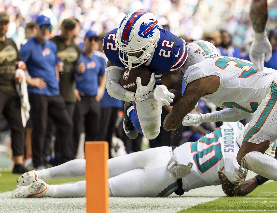 Miami Dolphins cornerback JuJu Brents (32) tackles Buffalo Bills running back Ray Davis (22) in the second half of their NFL game at Hard Rock Stadium on Sunday, Nov. 9, 2025, in Miami Gardens, Fla.