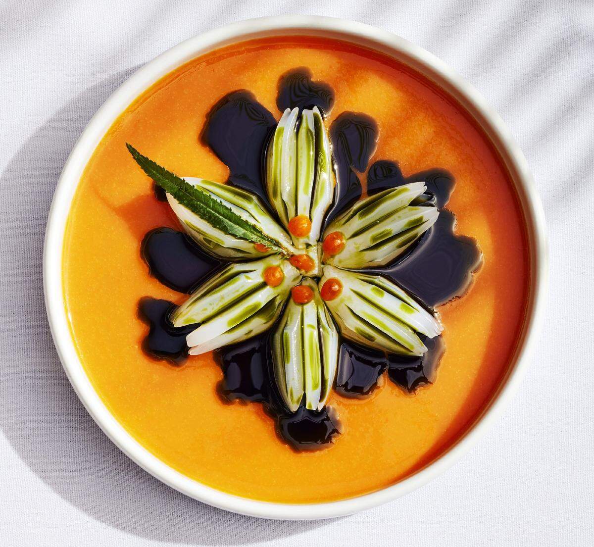 One of Itamae’s signature dishes: bigfin reef squid with black mint oil and fermented yuzu leche de tigre.