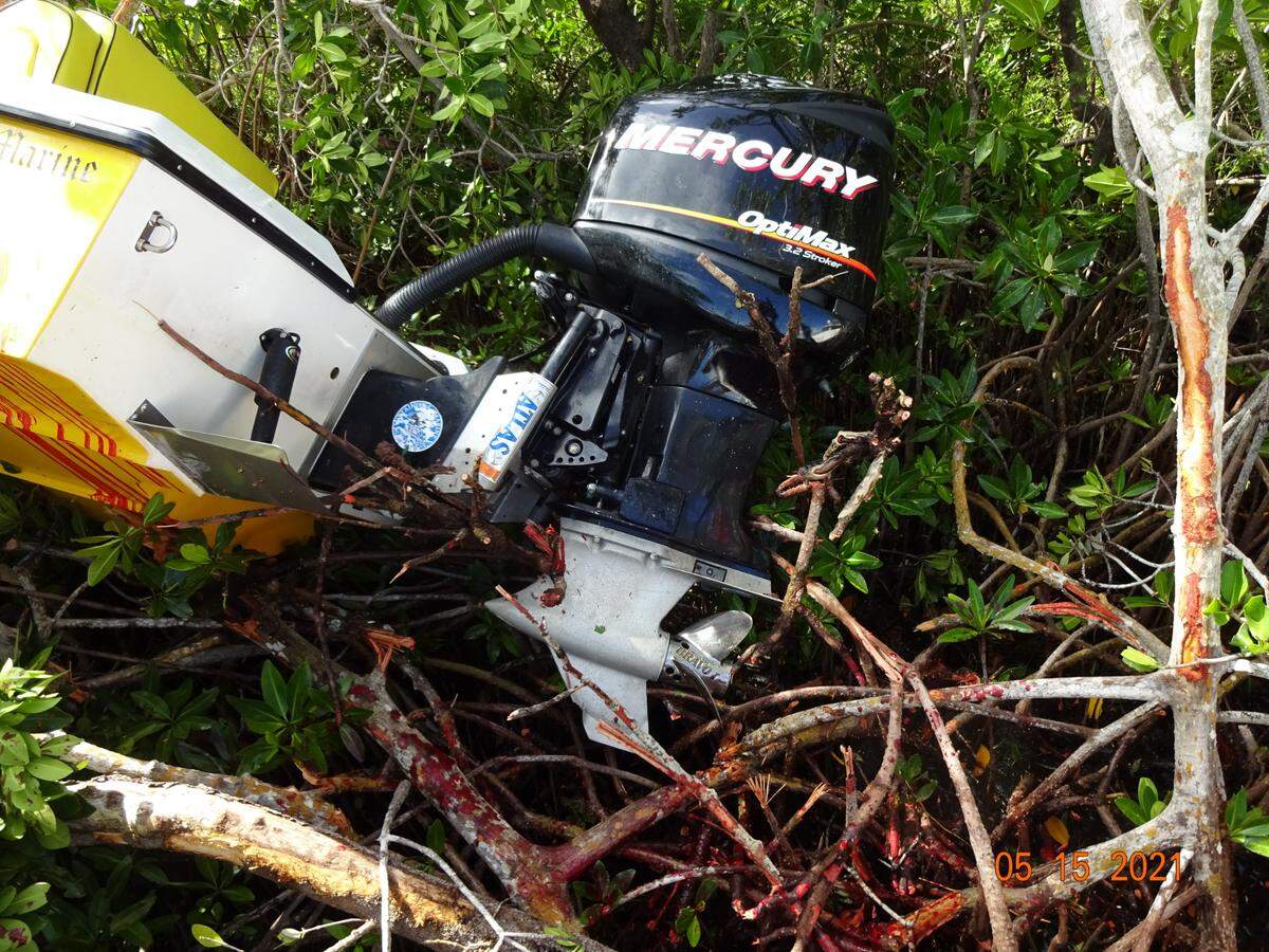 The back end of the 21-foot boat from which Joseph Guenther of Key Largo was ejected in a fatal boating accident on Saturday, May 15, 2021.