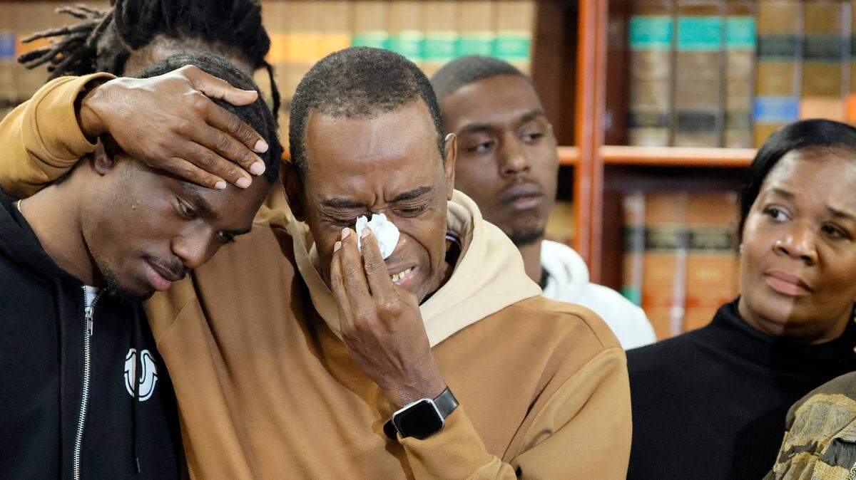 Jeff Geffrard breaks down while speaking about his son during a news conference at the Broward Public Defender’s Office in Fort Lauderdale on Thursday, Feb. 1, 2024. “I want to know what happened to my son,” he said of Janard Geffrard, 29, who was beaten to death in the Broward Main Jail by a man who was awaiting trial on a vehicle theft charge and probation violations. According to Public Defender Gordon Weekes, there have been 21 deaths in the jail since 2019. The NAACP has asked the Department of Justice to look into the incidents. (Amy Beth Bennett / South Florida Sun Sentinel)