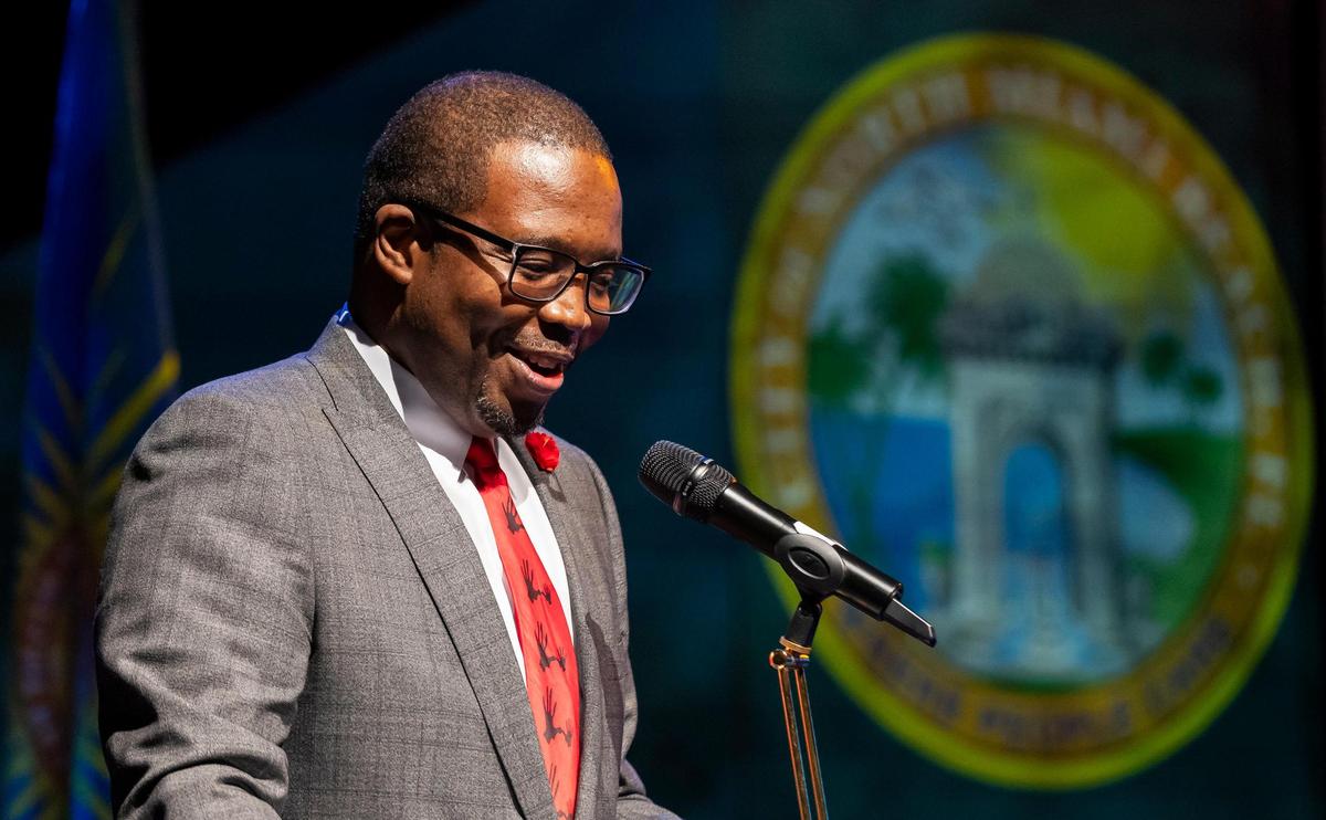 Newly elected North Miami Beach Mayor Michael Joseph speaks after being sworn in during a ceremony at the Julius Littman Performing Arts Theater on Tuesday, Dec. 10, 2024, in North Miami Beach, Fla.