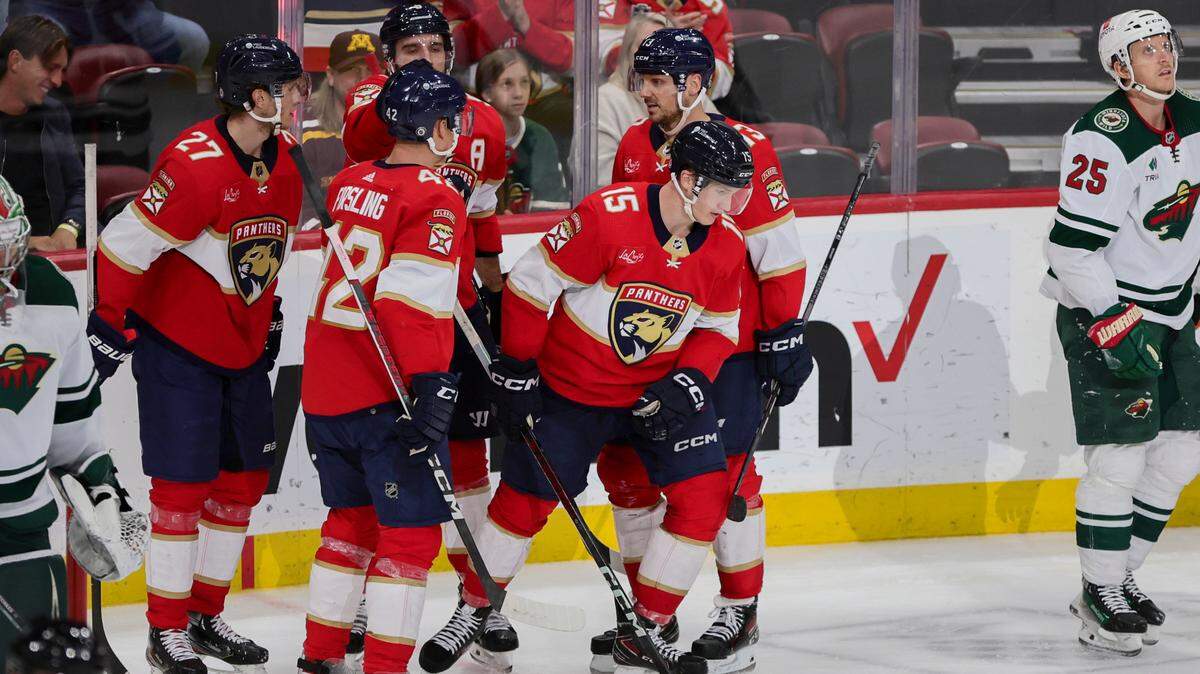 Jan 19, 2024; Sunrise, Florida, USA; Florida Panthers center Anton Lundell (15) looks on after scoring against the Minnesota Wild during the third period at Amerant Bank Arena. Mandatory Credit: Sam Navarro-USA TODAY Sports