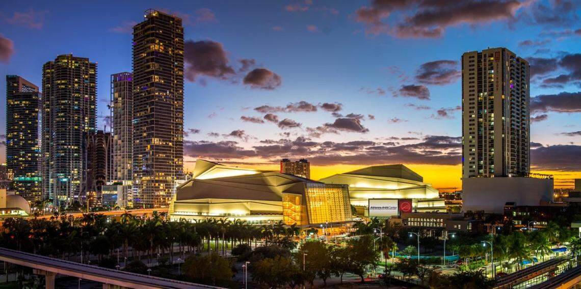 The Adrienne Arsht Center for the Performing Arts, designed by Cesar Pelli, lights up the 1300 block of Biscayne Boulevard in this file photo.